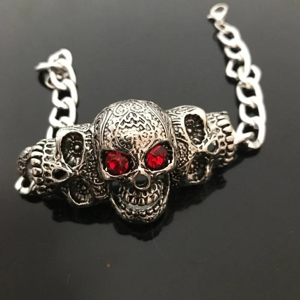 COPY - Skull  Bracelet Mens Biker Silver Rock Goth Moto Gothic Motorcycle Hallo… - Picture 6 of 6